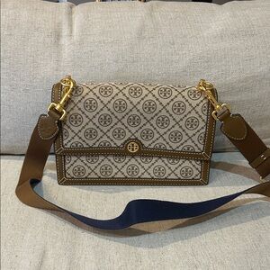 Tory Burch Beige and Brown Logo Canvas Crossbody Bag